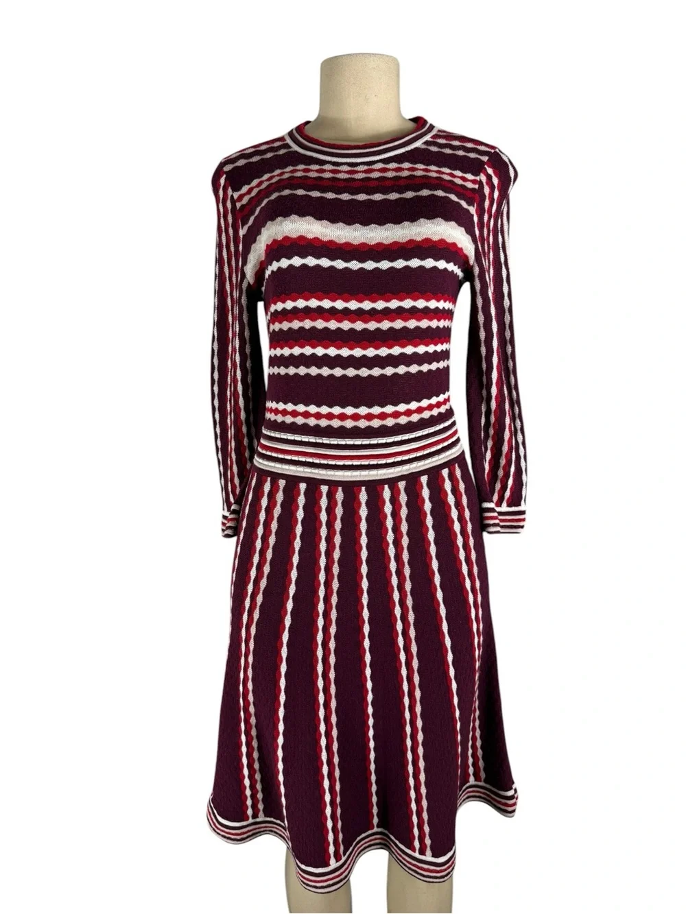 KATE SPADE Burgundy, Red & White Striped Long Sleeve Knit Dress - Picture 3 of 6